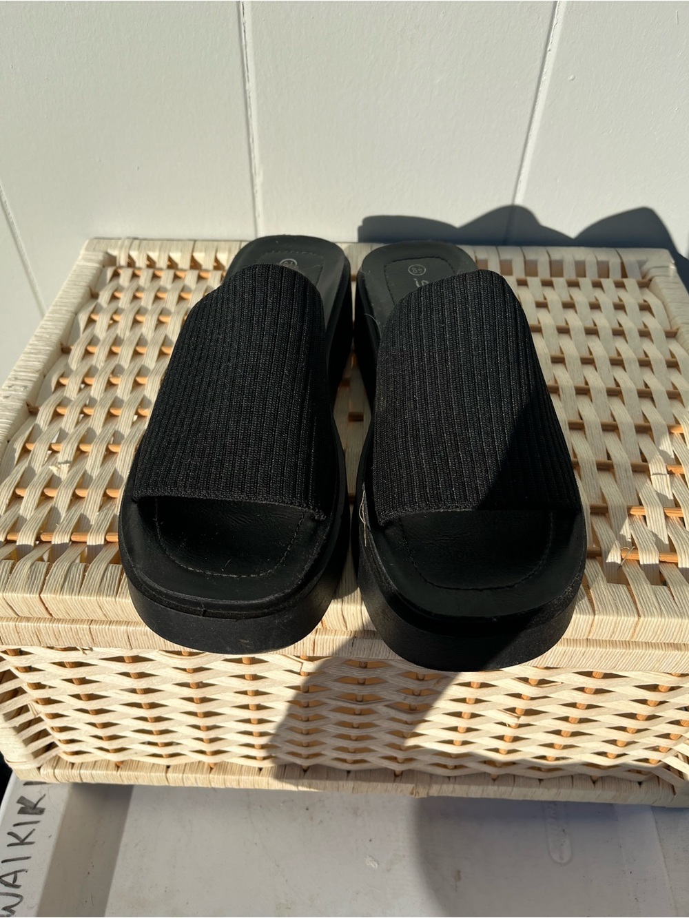 Soda Black Ribbed Slide Sandals